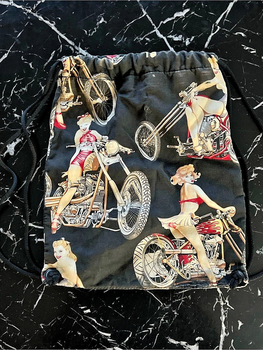 That's A Wrap Motorcycle Pin-Up Drawstring Backpack Black Like New